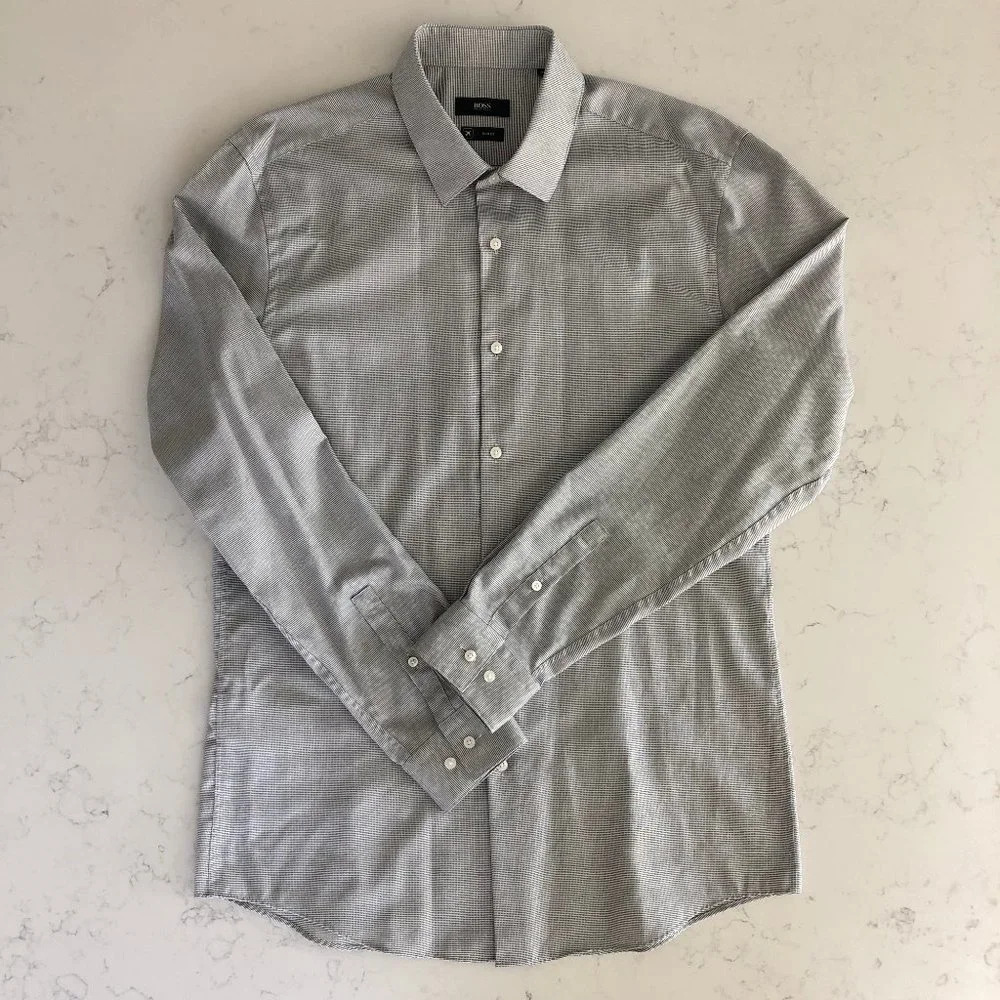 Boss Hugo Boss Isko Slim Fit Button Down Cotton Shirt Black + White Sz 16.5 NWOT